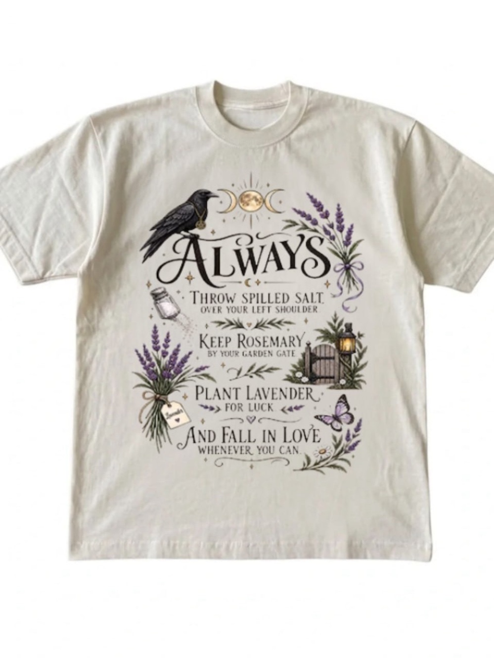 Cream Short Sleeve Tee with Lavender, Rosemary & Raven Graphic